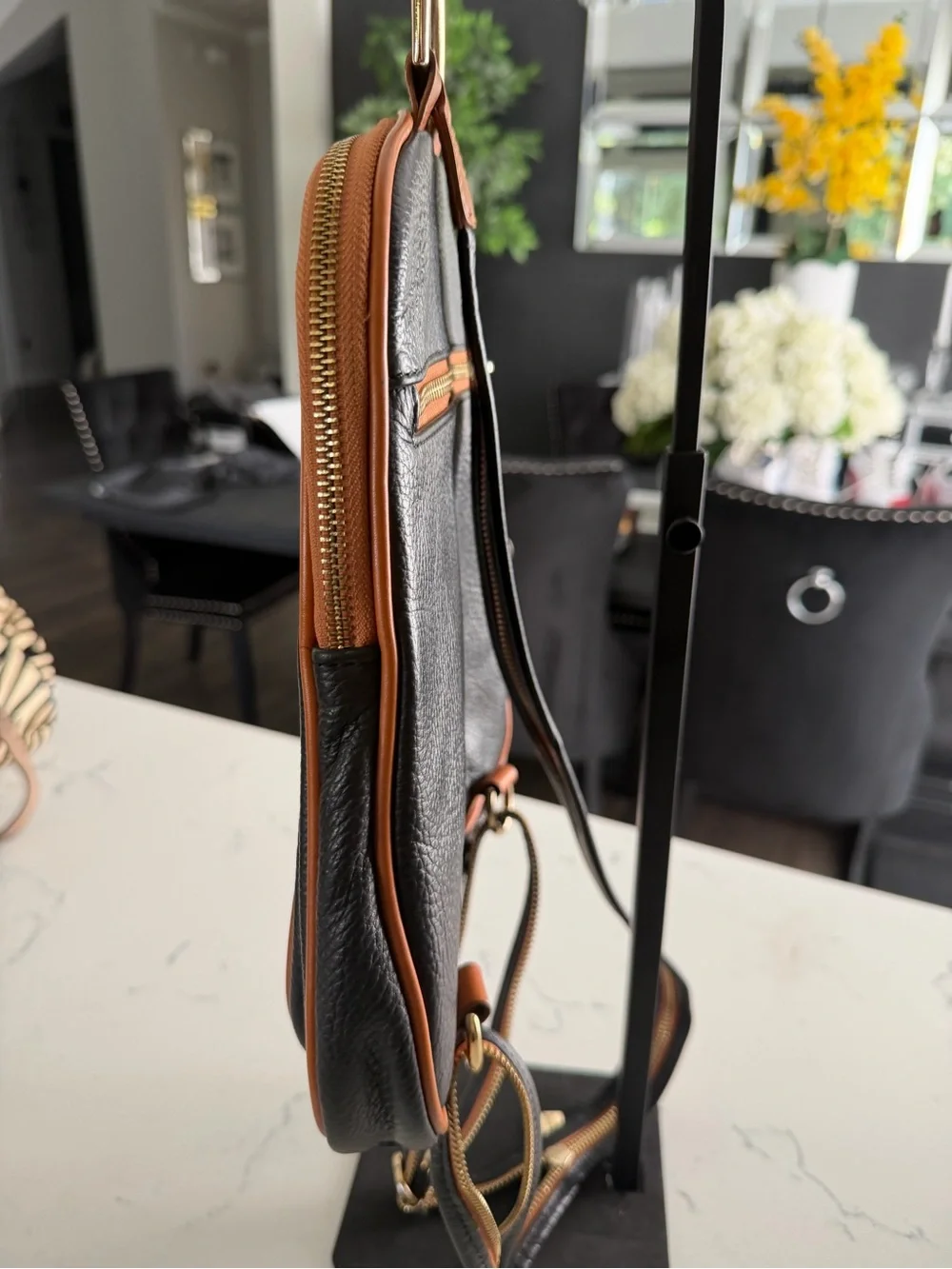 Valentina Black and Tan Leather Backpack with Gold Hardware